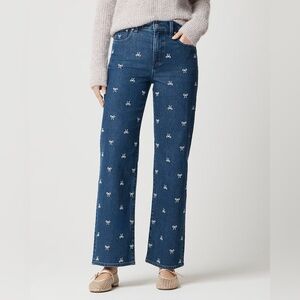 J. Crew Dark Blue Denim Wide Leg  Jeans with White Bow Embroidery